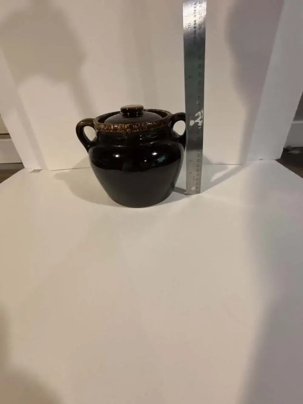 Vintage USA Brown Drip Glaze Stoneware Bean Pot with Lid